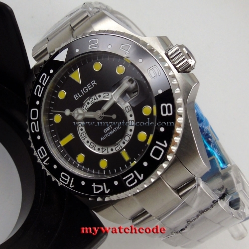 43mm bliger black dial ceramic bezel GMT sapphire glass automatic mens watch 208