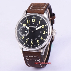 44mm Corgeut black dial luminous asia 6497 hand winding movement mens wristwatch