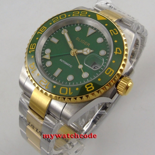 40mm Bliger green dial ceramic bezel date GMT automatic movement mens watch B285