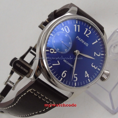 new 44mm parnis blue dial luminous marks 6497 movement hand winding mens watch