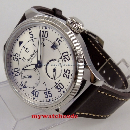 45mm Parnis white dial date power reserve ST2530 Automatic