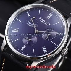 42mm Parnis blue dial full solid case date power reserve automatic mens watch