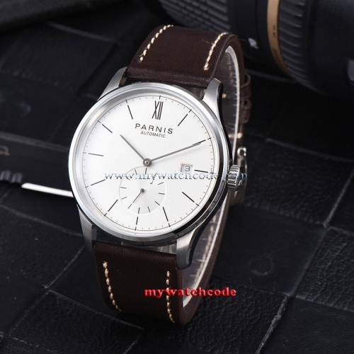 42mm parnis white dial date window coffee leather strap automatic mens watch 955