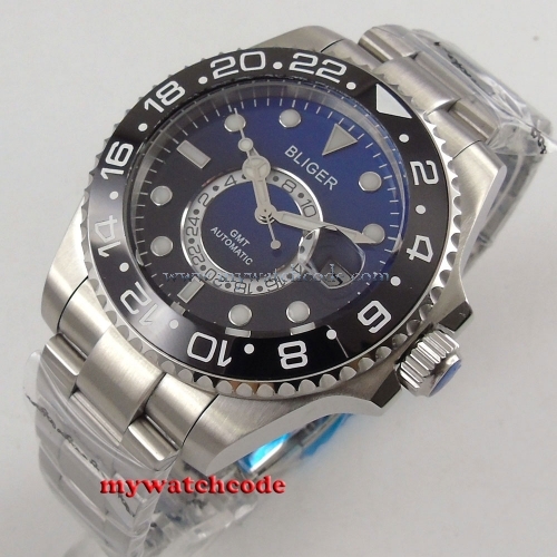 43mm Bliger blue Color Grad dial GMT sapphire crystal date automatic mens watch