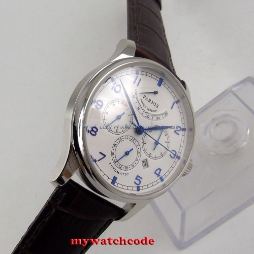 Parnis White Dial Miyota 9100 Automatic Mens Watch 42mm Blue Power Reserve P584b Automatic Watch