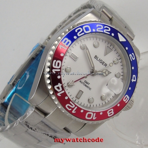 40mm Bliger white dial red GMT luminous sapphire glass automatic mens watch B193