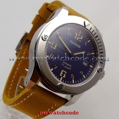 43mm parnis blue dial date sapphire crystal miyota 8215 automatic mens watch 997