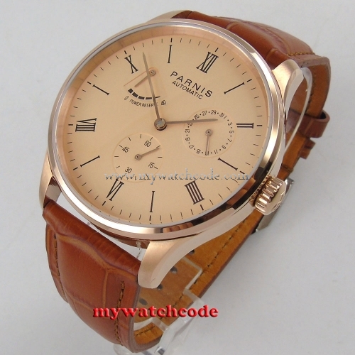 42mm parnis rose pink dial power reserve ST date automatic mens watch P944B