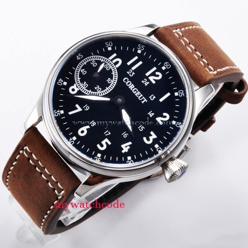 44mm Corgeut black dial luminous asia 6497 hand winding movement mens wristwatch