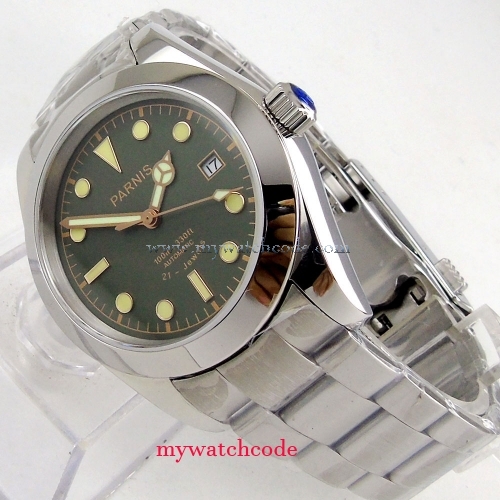 40mm parnis green dial luminous date sapphire glass automatic mens watch