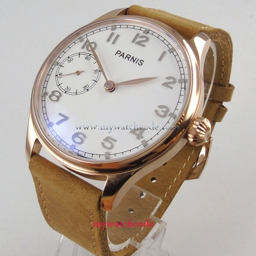 44mm parnis white dial rose golden case hands 6497 hand winding mens watch B1043