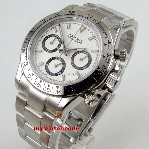 new arrive 39mm PARNIS white dial quartz mens watch solid case full Chronograph P1076