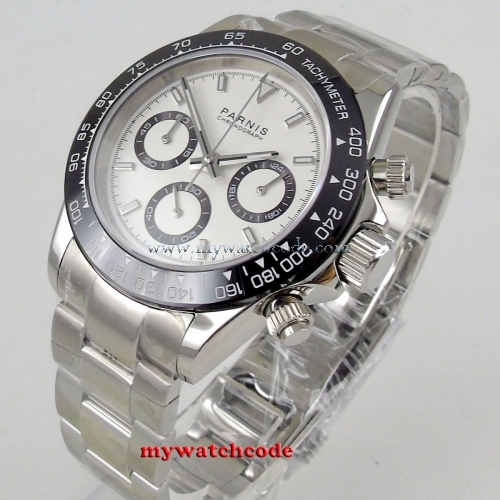 Luxury 39mm PARNIS quartz mens watch sapphire glass solid case brace;et full Chronograph wrist watch