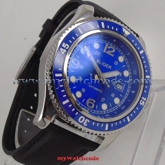 NEW Arrive 44mm BLIGER Blue Dial Rotating Bezel Luminous Stainless steel Case Leather Automatic Movement men's Watch