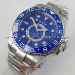 43mm Bliger Blue Dial ceramic Bezel Sapphire Glass Luminous Hand Complete Calendar GMT Automatic Mechanical Men's Watch