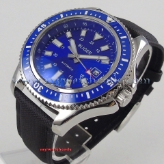 NEW 44mm Bliger Blue Dial Rotating Bleze Date Window Stainless steel Case Leather strap LUME Automatic Movement men's Watch