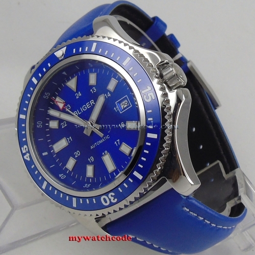 NEW Arrive 44mm BLIGER Blue Sterile Dial Rotating Bezel Luminous Stainless steel Case Leather Automatic Movement men's Watch