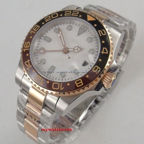 40mm No LogoWhite Dial Sapphire Glass Date GMT Luminous Hands Steel Case Rotating Ceramic Bezel Automatic Movement men's Watch