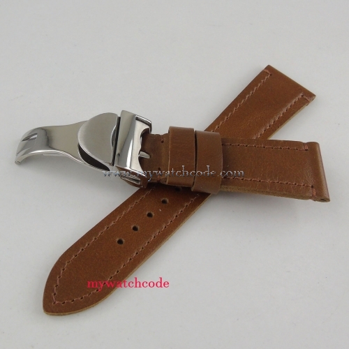 22MM Brown Leather Watch Strap Stainless Steel Deployment Buckle Watch Band For Watches (Strap+Buckle)