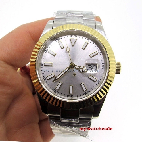 Luxury Brand 40mm Silver Dial Golden Bezel Luminous Marks Sapphire Crystal Date Magnifier Automatic Movement Men's Watch P1065