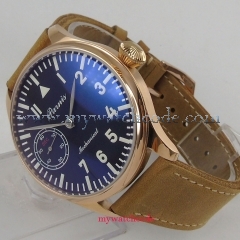 Parnis 44mm Blue Dial White luminous hands 17 jewels 6497 hand winding movement Men's Wrist Watch PA1047