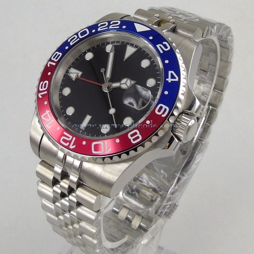 PARNIS 40mm Black no logo Dial Sapphire Glass GMT Luminous Hands Date Automatic Movement men's Watch pa1182