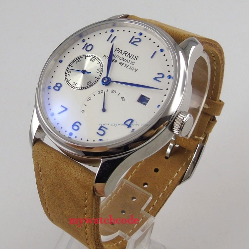 Parnis 43mm White dial blue hands leather strap power reserve 2530 Automatic movement Men's watch 128 relogio masculino