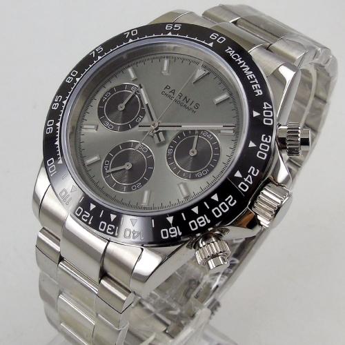 Luxury 39mm PARNIS quartz mens watch grey dial sapphire glass solid case bracelet full Chronograph wrist watch