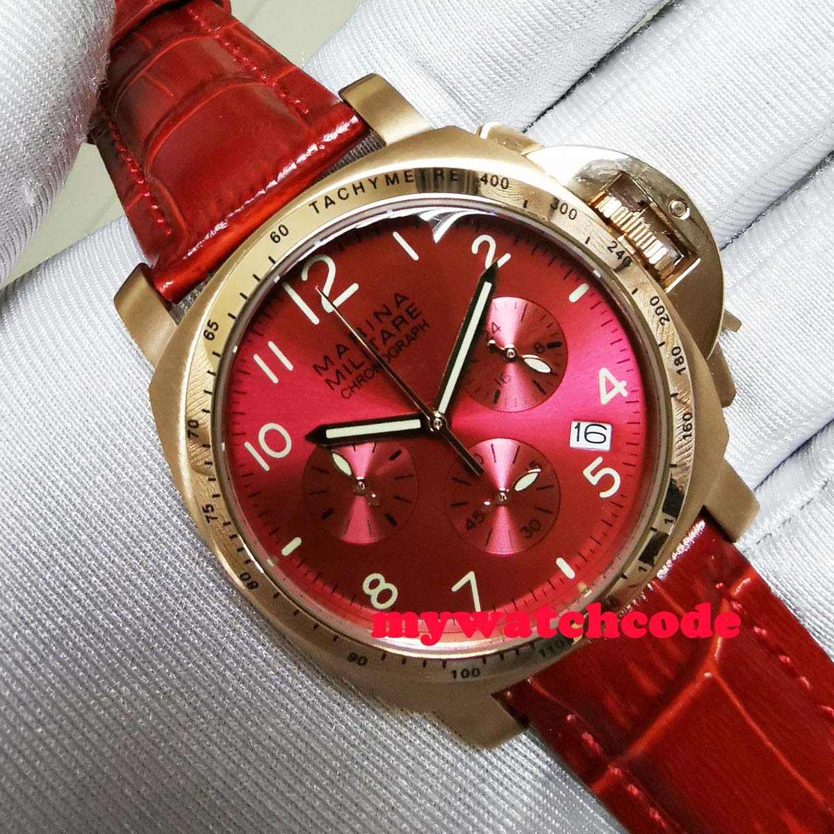 Big sale 40MM Red dial date quartz mens watch gold plated case full Chronograph