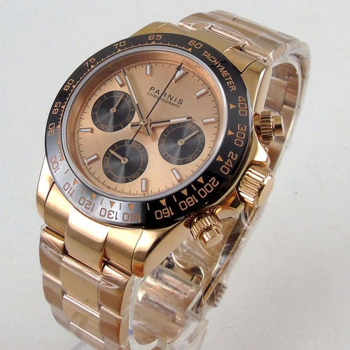 Luxury 39mm PARNIS quartz mens watch Golden dial sapphire glass gold plated case bracelet full Chronograph wrist watch