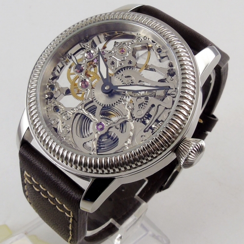 Luxury 44mm PARNIS Hollow men's watch luminous hands 17 jewels mechanical 6497 skeleton hand winding movement Men's watch 1263