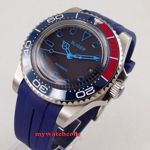 40mm Bliger black dial blue hand ceramic bezel Arched glass 21 jewels 171  Automatic movement men's watch