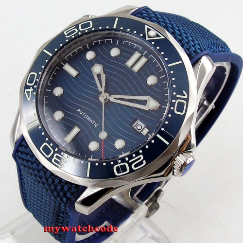 41mm bliger blue dial date canvas ceramic Bezel luminous sapphire glass rubber strap automatic men's watch