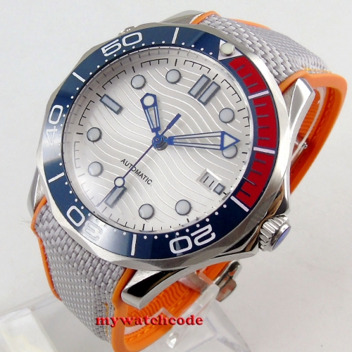 41mm Bliger white dial  rubber strap date blue orange bezel  b229 Automatic movement men's watch