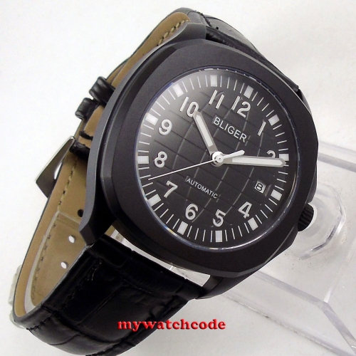 40mm bliger black dial date sapphire glass square steel Bezel leather strap  b231 automatic men's watch