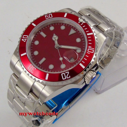 40mm Bliger red dial luminous hands red ceramic bezel sapphire glass 21 jewels b174 Automatic movement men's watch