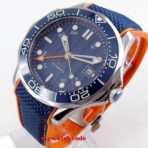 41mm Bliger blue Dial  GMT Sapphire Glass Date Luminous rubber strap Automatic Movement Mens Watch