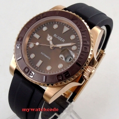 40mm Bliger Brown Dial Top Brand Luxury Rose Golden steel Case Rubber strap Sapphire Automatic movement men's Watch
