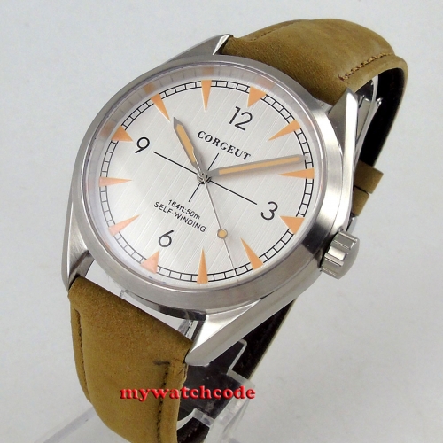 41mm Corgeut White Dial Leather Strap Sapphire Glass Automatic Movement men's Watch