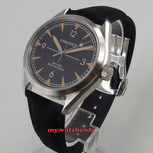 41mm Corgeut black Dial Leather Strap Sapphire Glass Automatic Movement men's Watch
