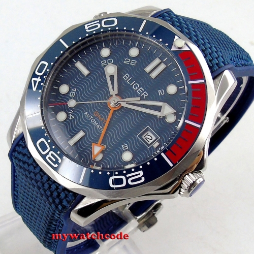 41mm Bliger blue Dial  GMT Sapphire Glass Date Luminous rubber strap Automatic Movement Mens Watch