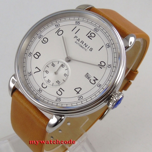 42mm PARNIS white Dial Date Indicator Leather Top Brand Luxury Automatic Mechanical men's Watch