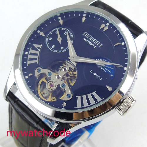 Luxury 41mm DEBERT blue Dial silver marks luminous waterproof  black leather strap automatic Movement men's Watch