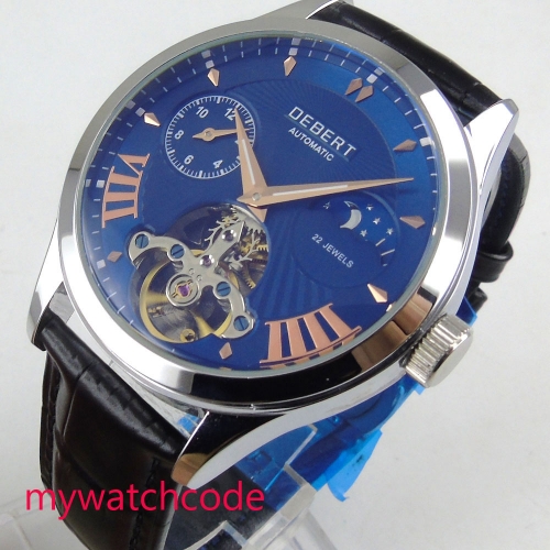 Luxury 41mm DEBERT blue Dial rose golden marks sapphire glass black leather strap automatic Movement men's Watch