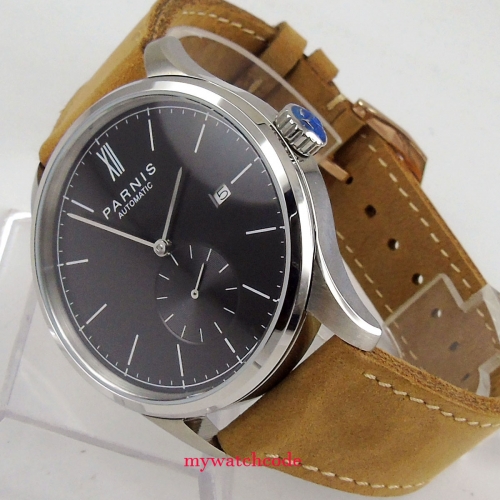 42mm PARNIS black Dial leather strap Automatic Movement men's Watch