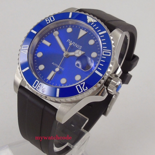 40mm PARNIS blue Dial date rubber strap stainless steel Case Automatic Movement men's Watch