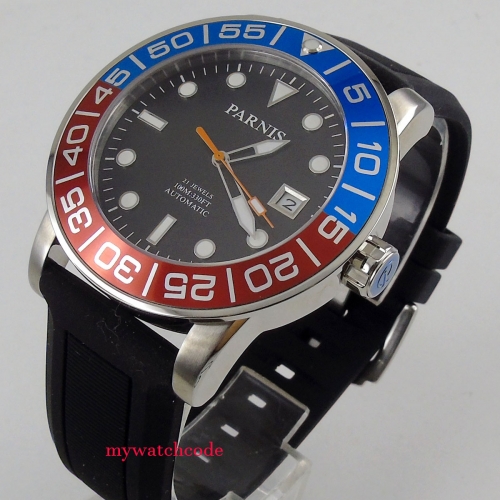 42mm parnis black dial date luminous Blue & Red Bezel  Automatic movement mens watch