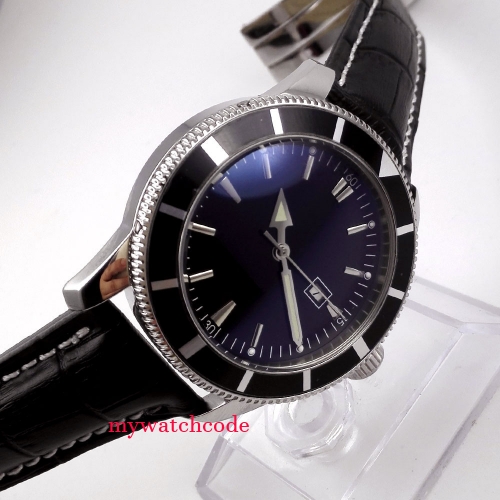 46mm BLIGER black Dial date leather strap stainless steel Case hand winding Movement men's Watch