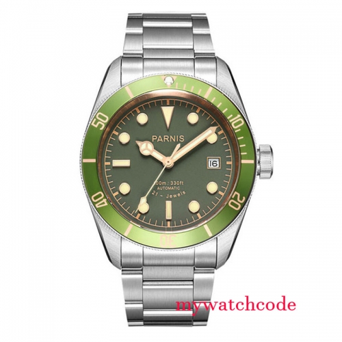 41mm PARNIS green Dial stainless steel strap luminous  Automatic Movement men's Watch