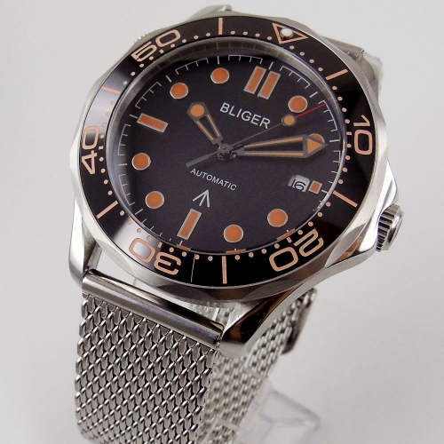41mm BLIGER black dial date luminous sapphire glass ceramic bezel Automatic men's Watch